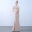 Élégant Champagne Robe De Soirée 2019 Trompette / Sirène Col Haut Perlage Gland Perle Appliques En Dentelle Fleur Manches Courtes Train De Balayage Robe De Ceremonie