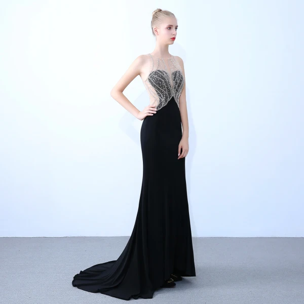 Sexy Black Evening Dresses  2019 Trumpet / Mermaid Scoop Neck Beading Sequins Rhinestone Sleeveless Backless Sweep Train Formal Dresses