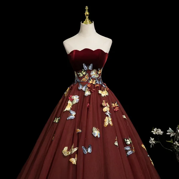 Flower Fairy Burgundy 3D Lace Butterfly Prom Dresses 2025 Ball Gown Strapless Sleeveless Backless Sweep Train Formal Dresses