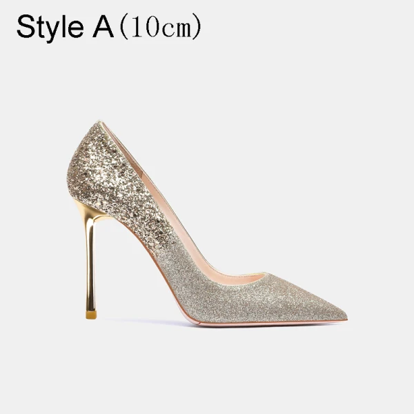 Charmig Glittrande Champagne Paljetter Brudskor 2021 Läder 10 cm Stilettklackar Spetsiga Bröllop Pumps Högklackade