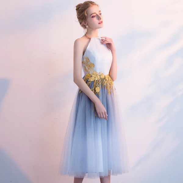 Chic / Belle Dégradé De Couleur de retour Robe De Graduation 2018 Princesse Appliques Titulaire Dos Nu Sans Manches Mi-Longues Robe De Ceremonie