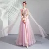 Elegante Pink Festliche Kleider 2019 A Linie Rundhalsausschnitt Spitze Blumen Kristall Kurze Ärmel Rückenfreies Lange Ballkleider
