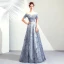 Elegante Silber Abendkleider 2019 A Linie Off Shoulder Glanz Tülle Pailletten Kurze Ärmel Rückenfreies Lange Festliche Kleider