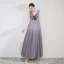 Elegant Grey Evening Dresses  2019 A-Line / Princess V-Neck Crystal Lace Flower Sleeveless Backless Floor-Length / Long Formal Dresses