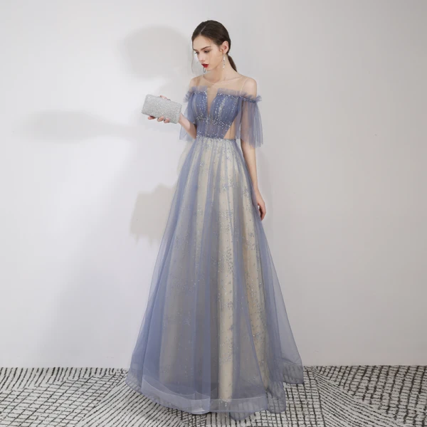 Élégant Bleu Ciel Robe De Soirée 2019 Princesse De l'épaule Perlage En Dentelle Fleur Paillettes Manches Courtes Dos Nu Longue Robe De Ceremonie