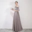 Élégant Gris Robe De Soirée 2019 Princesse Bretelles Spaghetti Appliques En Dentelle Fleur Manches Courtes Dos Nu Longue Robe De Ceremonie