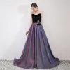 Charming Purple Starry Sky Evening Dresses  2019 A-Line / Princess Suede Strapless Glitter Polyester Appliques Sleeveless Backless Sweep Train Formal Dresses