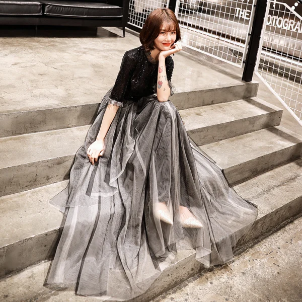 Charming Black Evening Dresses 2019 A-Line / Princess Scoop Neck Sequins 1/2 Sleeves Floor-Length / Long Formal Dresses