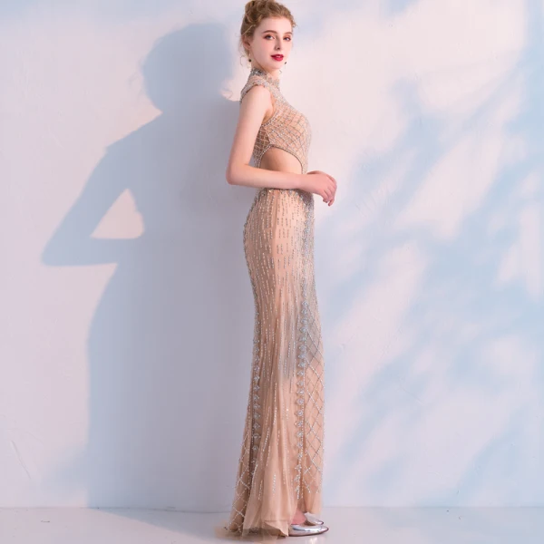 Luxury / Gorgeous Champagne Handmade  Beading Evening Dresses  2019 Trumpet / Mermaid High Neck Crystal Rhinestone Sleeveless Floor-Length / Long Formal Dresses
