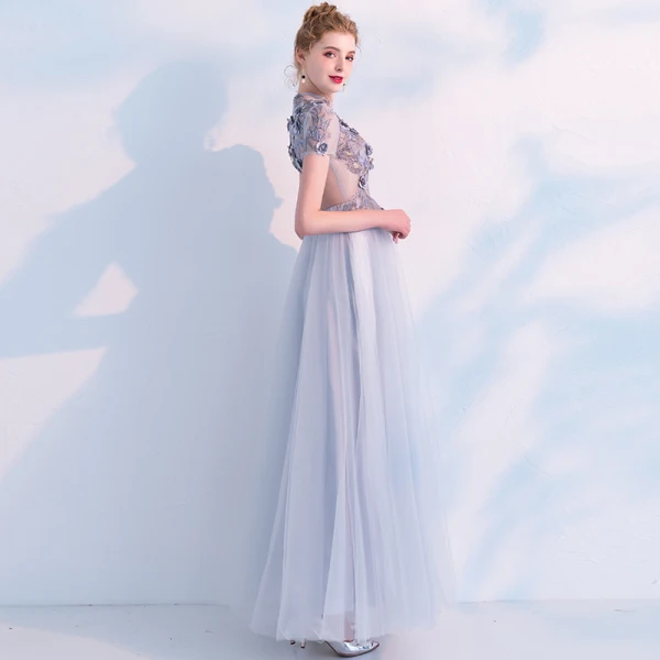 Elegant Grey Prom Dresses 2019 A-Line / Princess High Neck See-through Lace Flower Appliques Pearl Short Sleeve Floor-Length / Long Formal Dresses