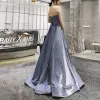 Charmant Océan Bleu Robe De Soirée 2019 Princesse Bustier Glitter Polyester Sans Manches Dos Nu Train De Balayage Robe De Ceremonie