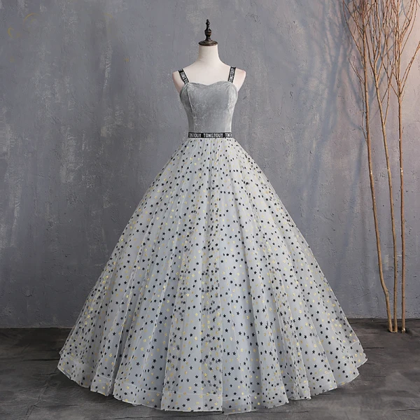 Elegant Grey Prom Dresses 2019 A-Line / Princess Suede Spaghetti Straps Glitter Star Sleeveless Backless Floor-Length / Long Formal Dresses