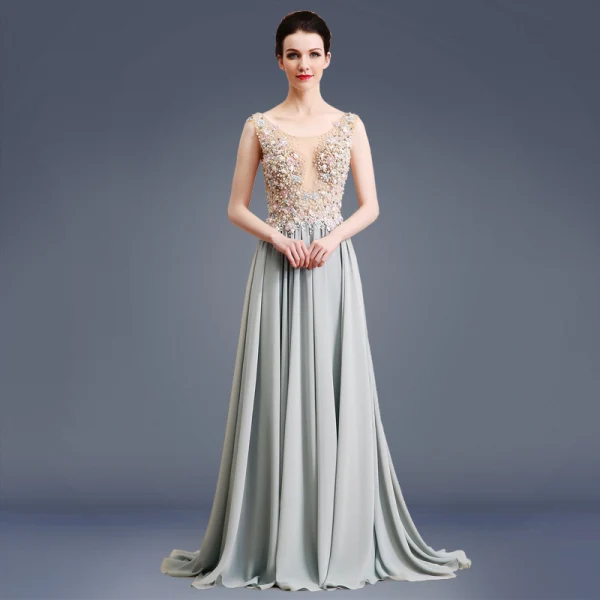 Élégant Gris Robe De Bal 2019 Princesse Encolure Dégagée Perlage Perle Faux Diamant Appliques En Dentelle Fleur Sans Manches Train De Balayage Robe De Ceremonie