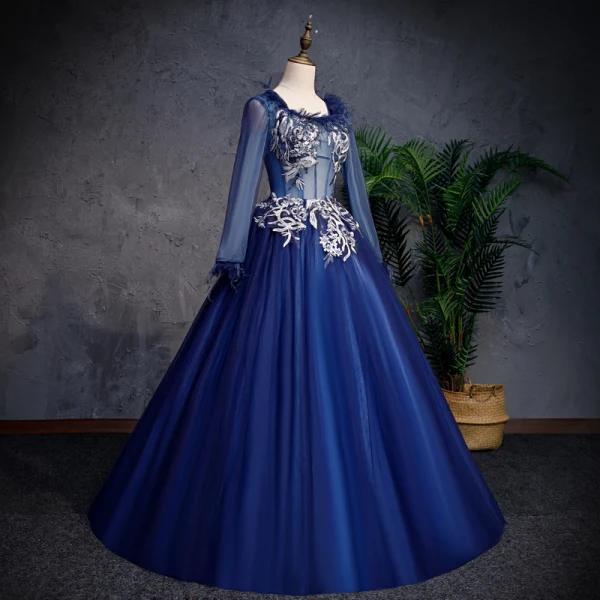 Élégant Bleu Marine Robe De Bal 2019 Princesse Encolure Dégagée En Dentelle Fleur Perle Manches Longues Dos Nu Longue Robe De Ceremonie
