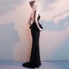 Sexy Noire Robe De Soirée 2019 Trompette / Sirène V-Cou Perlage Cristal Appliques Gland Sans Manches Dos Nu Asymétrique Robe De Ceremonie