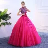 Vintage / Retro Fuchsia Prom Dresses 2019 Ball Gown High Neck Lace Flower Sequins Bow Short Sleeve Floor-Length / Long Formal Dresses