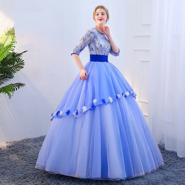 Vintage / Retro Sky Blue Prom Dresses 2019 Ball Gown Scoop Neck Appliques Sequins Tassel 1/2 Sleeves Backless Floor-Length / Long Formal Dresses