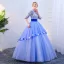 Vintage / Retro Sky Blue Prom Dresses 2019 Ball Gown Scoop Neck Appliques Sequins Tassel 1/2 Sleeves Backless Floor-Length / Long Formal Dresses