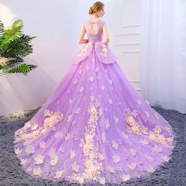 Chic / Beautiful Lilac Prom Dresses 2019 A-Line / Princess Scoop Neck Appliques Lace Flower Pearl Backless Sleeveless Chapel Train Formal Dresses