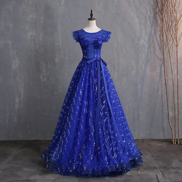 Chic / Beautiful Royal Blue Prom Dresses 2019 A-Line / Princess Scoop Neck Bow Pearl Sequins Sleeveless Backless Floor-Length / Long Formal Dresses