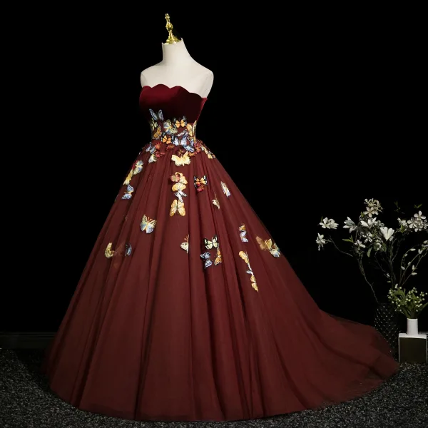 Flower Fairy Burgundy 3D Lace Butterfly Prom Dresses 2025 Ball Gown Strapless Sleeveless Backless Sweep Train Formal Dresses