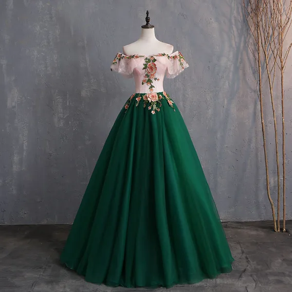 Vintage / Retro Dark Green Prom Dresses 2019 Ball Gown Appliques Lace Off-The-Shoulder Short Sleeve Backless Floor-Length / Long Formal Dresses