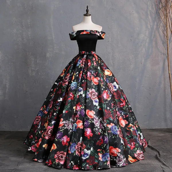 Vintage / Retro Multi-Colors Printing Prom Dresses 2019 Ball Gown Off-The-Shoulder Bow Short Sleeve Backless Floor-Length / Long Formal Dresses