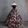 Vintage / Retro Multi-Colors Printing Prom Dresses 2019 Ball Gown Off-The-Shoulder Bow Short Sleeve Backless Floor-Length / Long Formal Dresses
