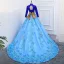 Vintage / Originale Bleu Robe De Bal 2019 Princesse Col Haut En Dentelle Fleur Paillettes Manches Longues Dos Nu Chapel Train Robe De Ceremonie