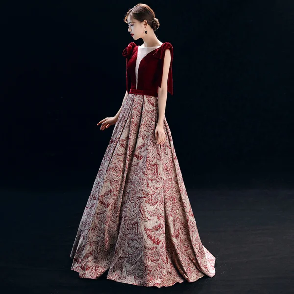 Elegant Burgundy Evening Dresses 2019 A-Line / Princess Square Neckline Suede Sleeveless Backless Printing Floor-Length / Long Formal Dresses