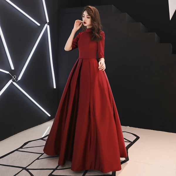 Vintage / Retro Modest / Simple Burgundy Prom Dresses 2019 A-Line / Princess High Neck 1/2 Sleeves Floor-Length / Long Formal Dresses