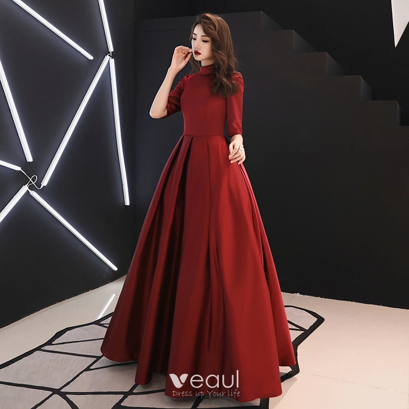 Vintage Retro Modest Simple Burgundy Prom Dresses 2019 A Line Princess High Neck 1 2 Sleeves Floor Length Long Formal Dresses