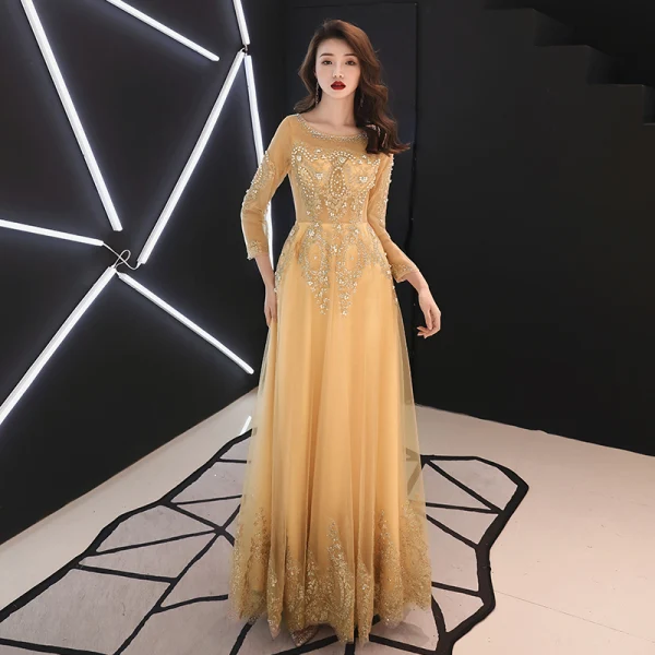 Chic / Beautiful Gold Evening Dresses 2019 A-Line / Princess Scoop Neck Beading Pearl Lace Flower Rhinestone 3/4 Sleeve Backless Floor-Length / Long Formal Dresses