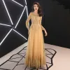 Chic / Beautiful Gold Evening Dresses  2019 A-Line / Princess Scoop Neck Beading Pearl Lace Flower Rhinestone 3/4 Sleeve Backless Floor-Length / Long Formal Dresses