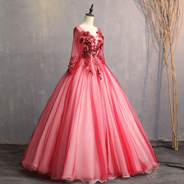 Vintage / Retro Burgundy Prom Dresses 2019 A-Line / Princess V-Neck Beading Pearl Crystal Lace Flower Appliques Long Sleeve Backless Floor-Length / Long Formal Dresses