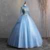 Vintage / Retro Sky Blue 2019 A-Line / Princess Formal Dresses High Neck Beading Pearl Appliques Lace Long Sleeve Backless Floor-Length / Long Prom Dresses