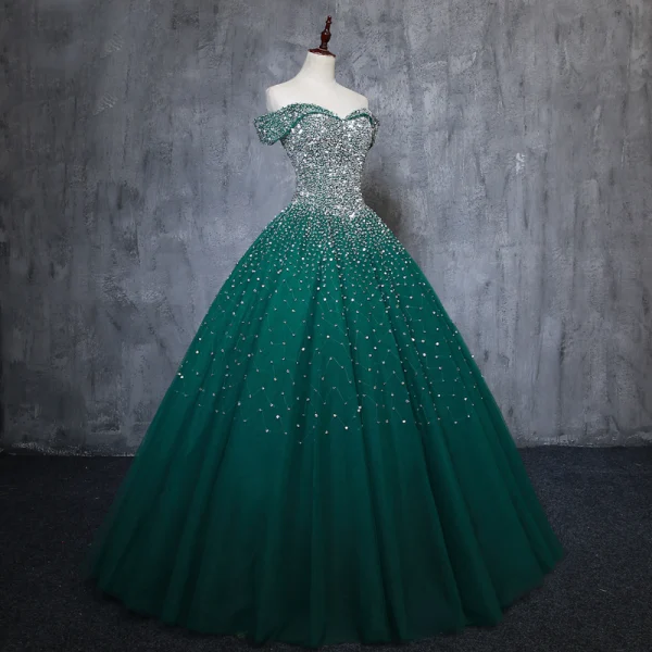 Vintage / Retro Dark Green Handmade  Beading Prom Dresses 2019 A-Line / Princess Off-The-Shoulder Sequins Sleeveless Backless Floor-Length / Long Formal Dresses