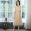 Chic / Beautiful Champagne Bridesmaid Dresses 2021 A-Line / Princess Scoop Neck Lace Flower Appliques Rhinestone Short Sleeve Backless Tea-length Wedding Party Dresses
