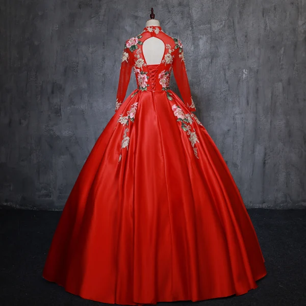 Chinese style Red Prom Dresses 2019 A-Line / Princess High Neck Appliques Lace Pearl 3/4 Sleeve Backless Floor-Length / Long Formal Dresses