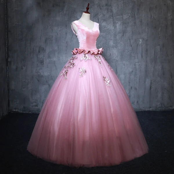 Vintage / Retro Candy Pink Prom Dresses 2019 Ball Gown V-Neck Suede Pearl Appliques Sleeveless Backless Floor-Length / Long Formal Dresses