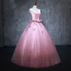 Vintage / Retro Candy Pink Prom Dresses 2019 Ball Gown V-Neck Suede Pearl Appliques Sleeveless Backless Floor-Length / Long Formal Dresses