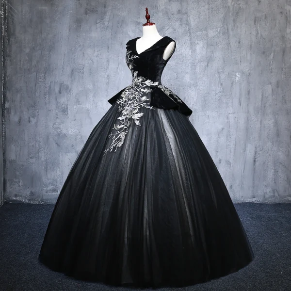 Elegant Black Prom Dresses 2019 Ball Gown V-Neck Suede Appliques Lace Crystal Sleeveless Backless Floor-Length / Long Formal Dresses