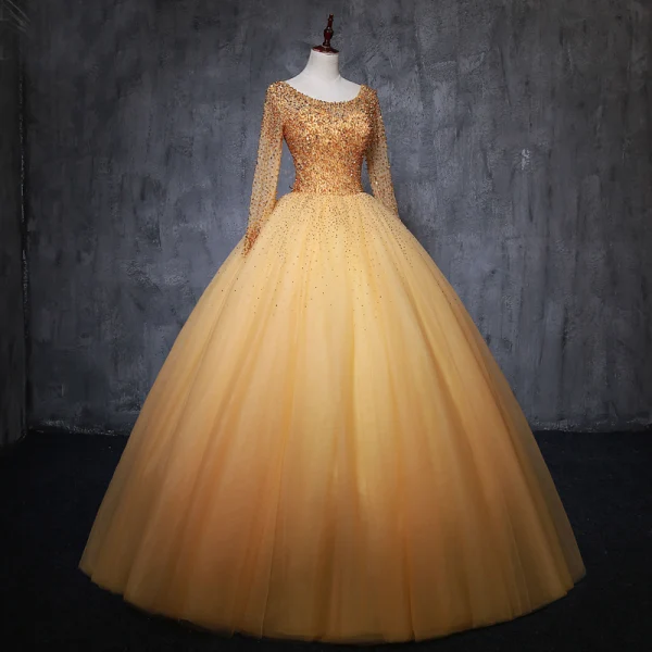 Chic / Belle Doré Robe De Bal 2019 Robe Boule Encolure Dégagée Perlage Cristal Paillettes Manches Longues Dos Nu Noeud Longue Robe De Ceremonie