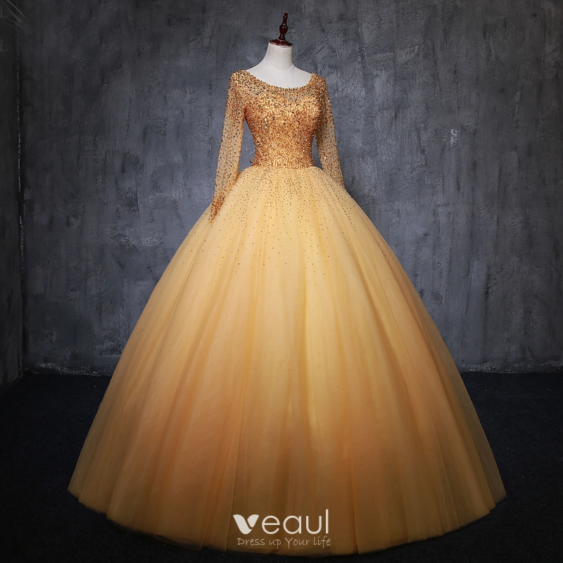 Chic Beautiful Gold Prom Dresses 2019 Ball Gown Scoop Neck Beading Crystal Sequins Long Sleeve Backless Bow Floor Length Long Formal Dresses