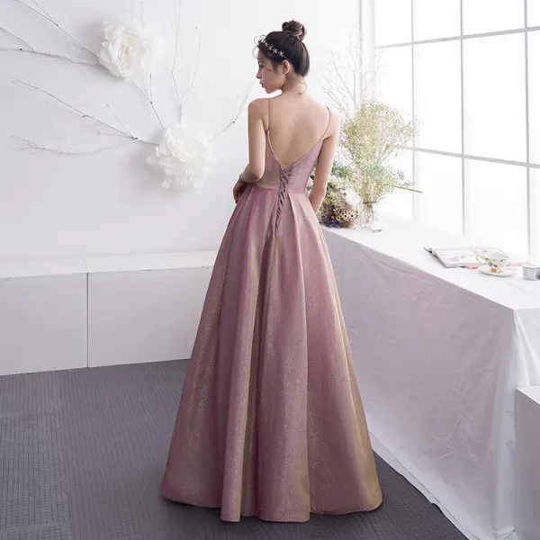 Schöne Rosa Abendkleider 2019 A Linie Spaghettiträger Glanz Polyester Ärmellos Rückenfreies Lange Festliche Kleider