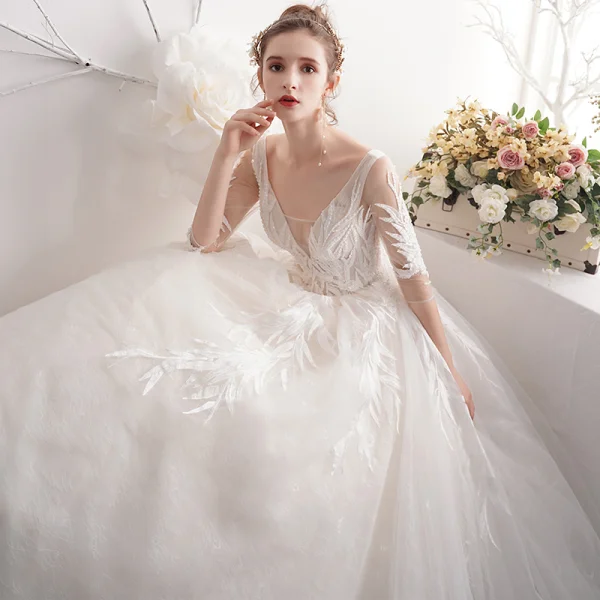 Chic / Beautiful Ivory Wedding Dresses 2019 A-Line / Princess V-Neck Beading Pearl Lace Flower 3/4 Sleeve Backless Floor-Length / Long