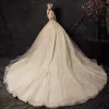 Audrey Hepburn Style Champagne Wedding Dresses 2019 Ball Gown Off-The-Shoulder Lace Flower Sequins Short Sleeve Backless Royal Train