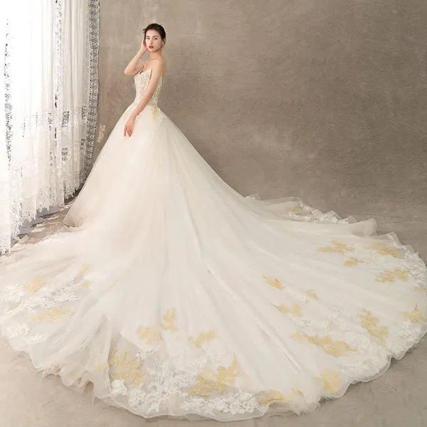 Charming Champagne Wedding Dresses 2019 A-Line / Princess Spaghetti Straps Beading Pearl Lace Flower Sleeveless Backless Royal Train