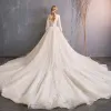 Audrey Hepburn Style Champagne Wedding Dresses 2019 A-Line / Princess Off-The-Shoulder Beading Sequins Pearl Lace Flower 3/4 Sleeve Backless Royal Train