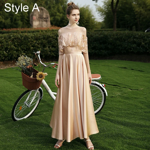 Modest / Simple Champagne Satin Embroidered Bridesmaid Dresses 2021 A-Line / Princess Scoop Neck 1/2 Sleeves Backless Floor-Length / Long Wedding Party Dresses